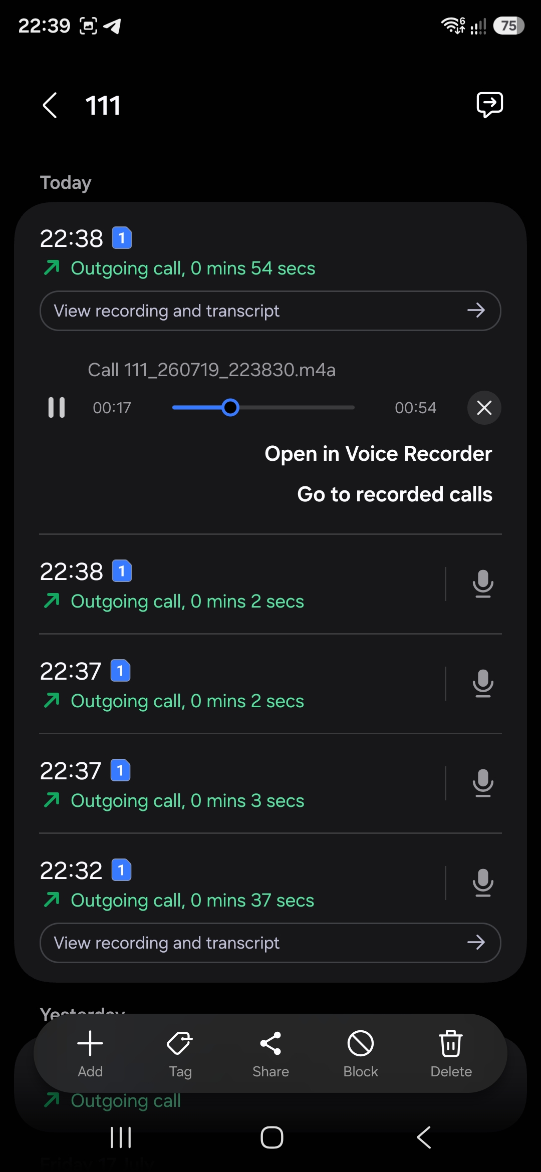 Call history with saved call recordings